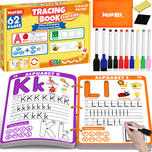Preschool Learning Activities Educational Workbook, 62 Reusable Pages Pre Kindergarten Workbooks, Number Letter Tracing Books for Kids, Autism Learning Materials, ABC Busy Book for Kids Ages 3-7