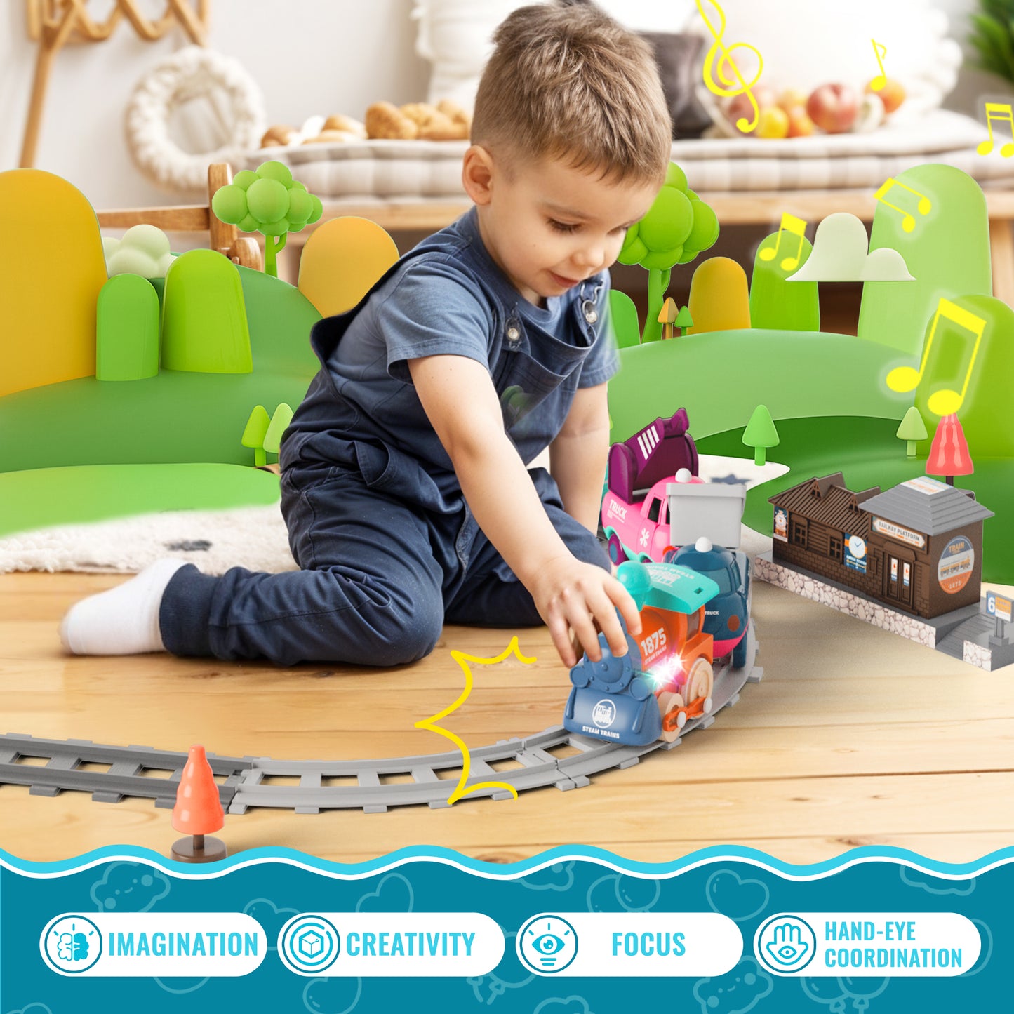 MORECOLL Electric Train Set for Toddlers & Kids w/Music, Lights & Tracks - First Choo Choo Train, Magnetic Connection, Birthday Gifts for Boys and Girls